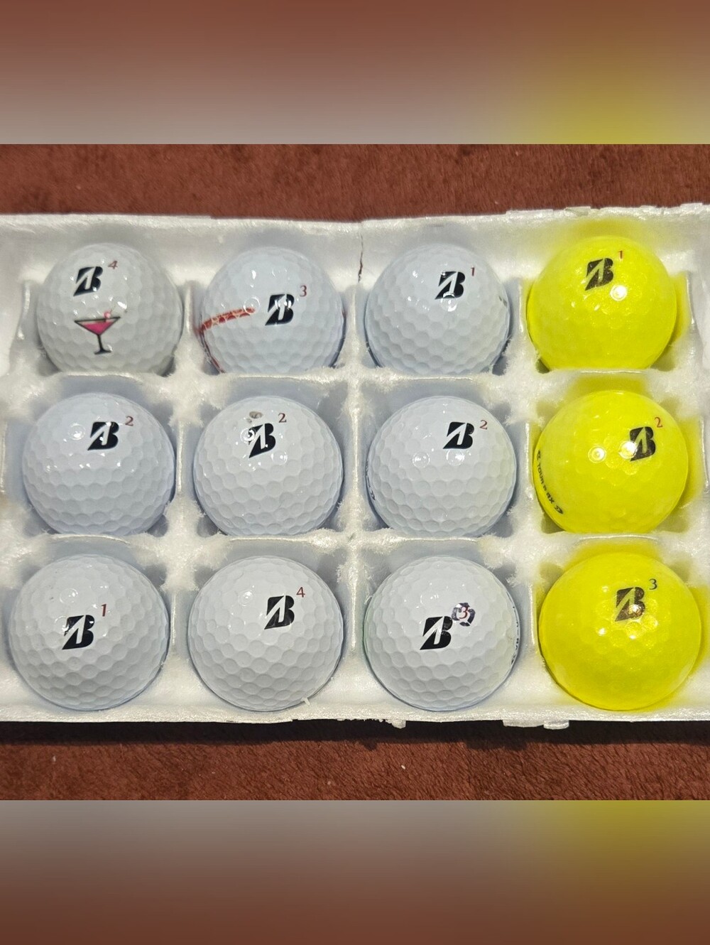 12 Bridgestone Tour B RX white & yellow golf balls. Pristine playing condition